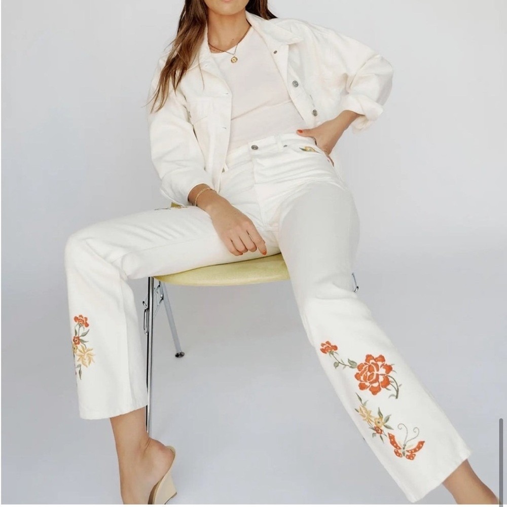 Reformation White Cynthia Straight Leg Mid Rise Denim Jeans size 27 embroidered - Picture 2 of 12